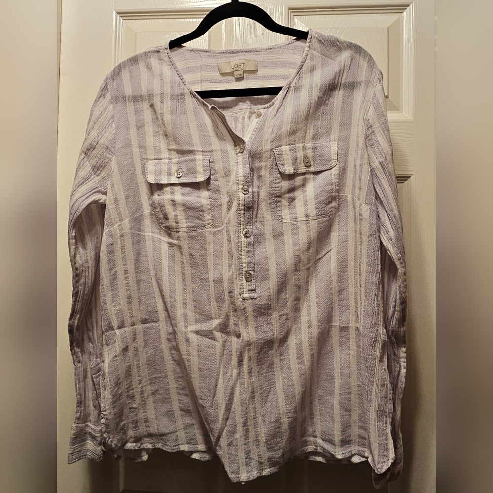 LOFT Women's Casual Striped Button Down Shirt - White and Gray